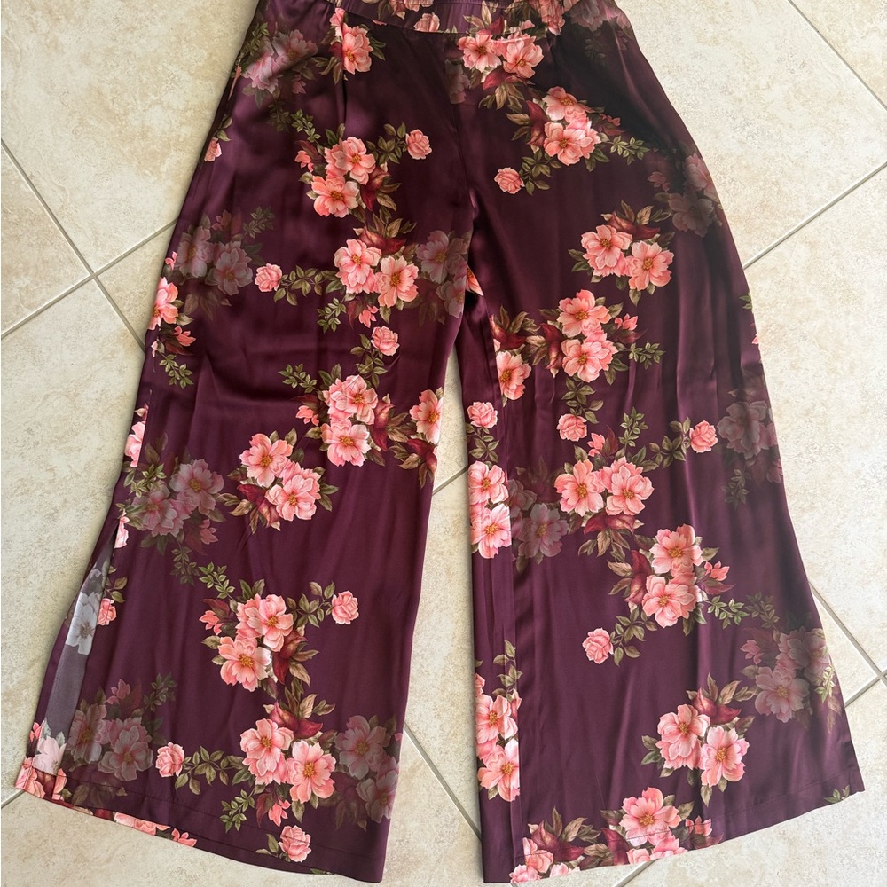 Johnny Was Burgundy Floral Wide-Leg Pants